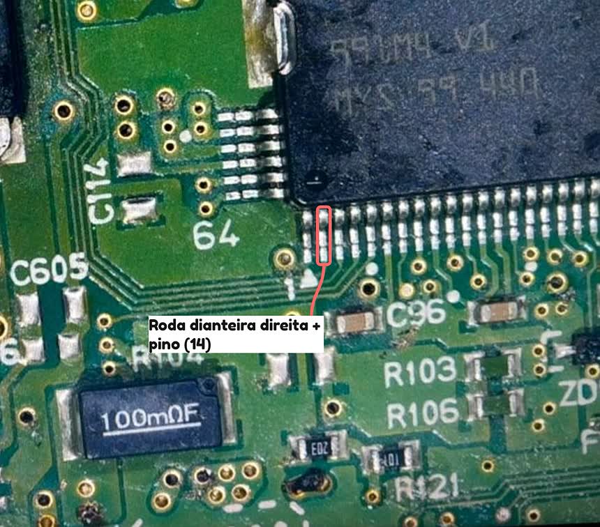 Mapeamento do pino do sinal da roda dianteira direita na placa do módulo ABS